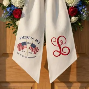Embroidered Dog Wreath Sash, Custom Patriotic Americana Monogram Decor, 4th of July Decoration, 250th Anniversary Americana Home Gift