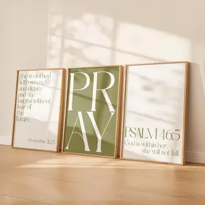 Christian Wall Art Set of 3 | Psalm 46 5 & Proverbs 31 25 Poster Unframed  | Neutral Sage Green Bible Verse Art | Modern Faith Home Decor