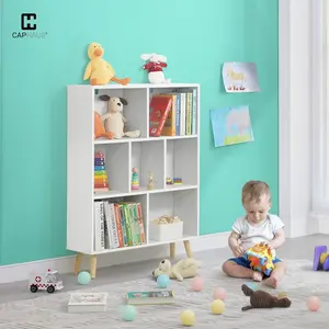 CAPHAUS 7 Cube 3 Tier Mid Century Bookshelf, 32” Wide Wooden Cube Storage Organizer with Legs, Open Shelf Bookcase, Modern Shelving for Living Room, Bedroom, Office, White/ Rustic Oak/ Tiffany Green