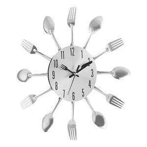 Modern Flatware Styled Wall Clock - Polished Silver 3D Spoon and Fork Design for Rustic/Modern Kitchen Decor, Home Decor and Accessories, Minimalist Wall Clock, Wall Decor, Shipment within 1-2 days