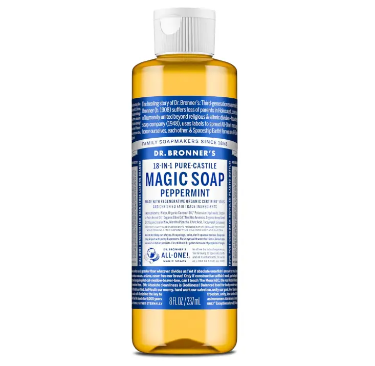 Dr. Bronner's Pure-Castile Magic Liquid Soap (Peppermint, 8 Ounce)- Made with Organic Oils, 18-in1 Uses: Face, Hair, Hand & Body Soap, Laundry, Pets- Concentrated, Vegan, Non-GMO