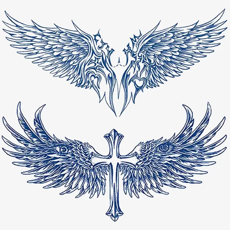 Half Permanent Temporary Tattoo Stickers, Waterproof Tribal Cross & Angel Wings Tattoos, Realistic Chest Back Fake Tattoos, Tattoo Art, Aesthetic Tattoo Merch, Arm Temporary Tattoos, Lasts 1-2 Weeks