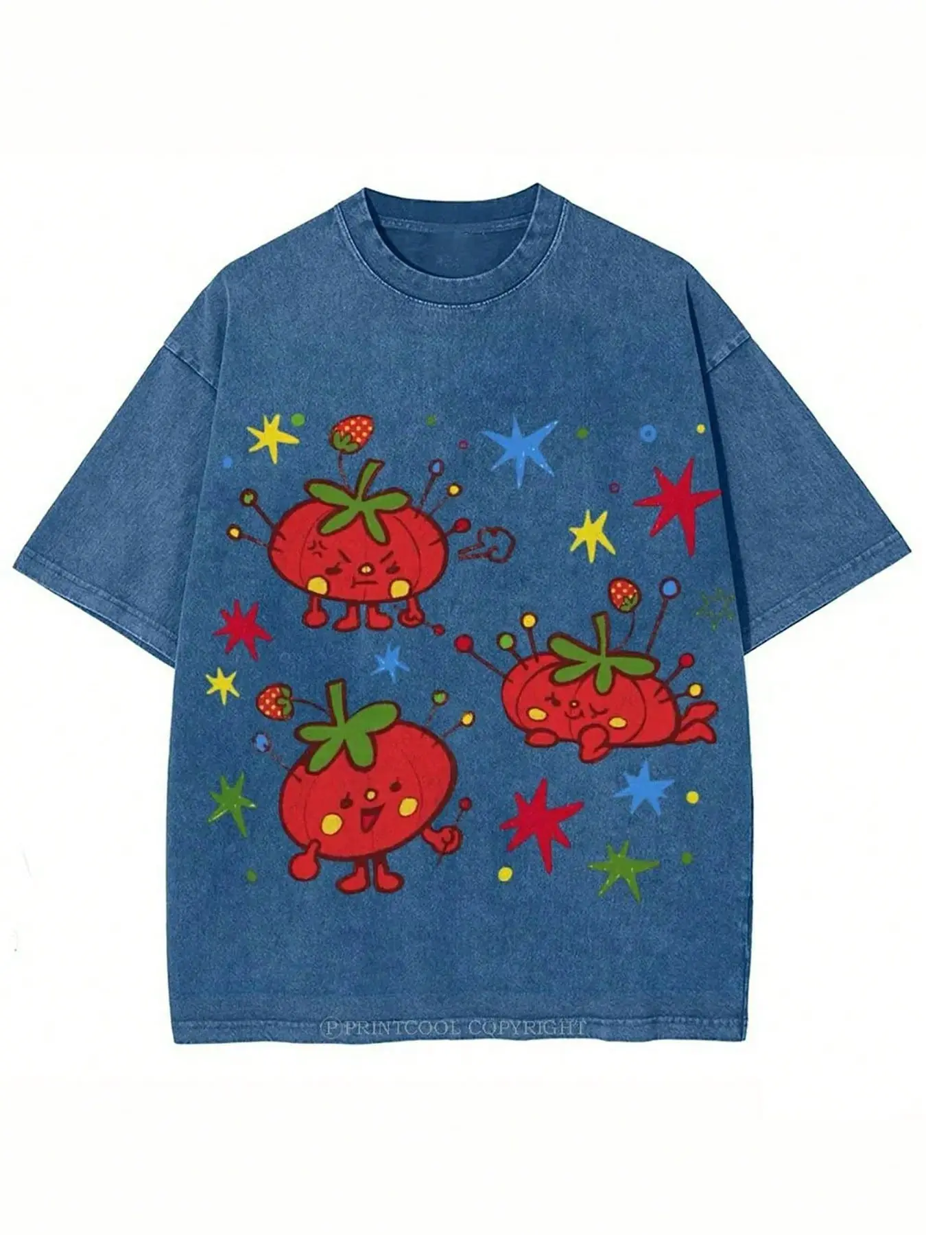 Washed, Cute Tomato Party Print T-shirt, High-quality Batik Vintage Fashion Brand T-shirt, Unisex T-shirt, Popular Daily Wear T-shirt, Holiday Gift, Perfect Present