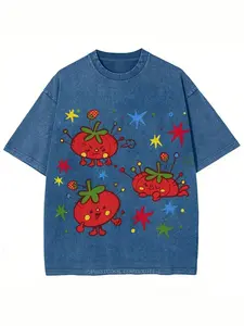 Washed, Cute Tomato Party Print T-shirt, High-quality Batik Vintage Fashion Brand T-shirt, Unisex T-shirt, Popular Daily Wear T-shirt, Holiday Gift, Perfect Present