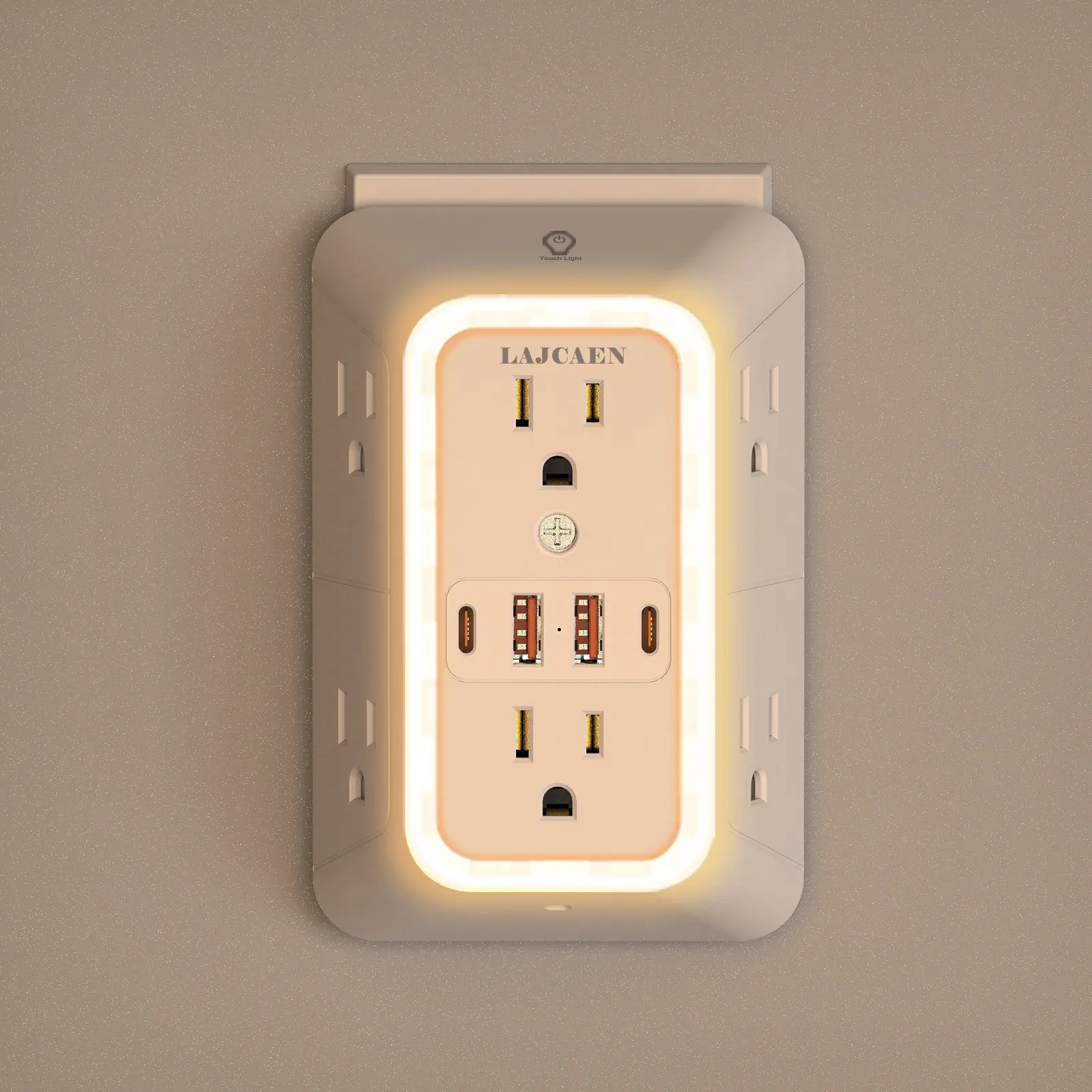 3-Sided Rectangle 3-in-1 Multi-Port Smart Surge Protector Power Strip Socket - US Plug, 6 AC Outlets (2.15 in Spacing), 4 Multi-Port USB Sockets (2 USB-C), Adjustable Brightness Dusk-to-Dawn Sensor Night Light, Household Items for Home, Office