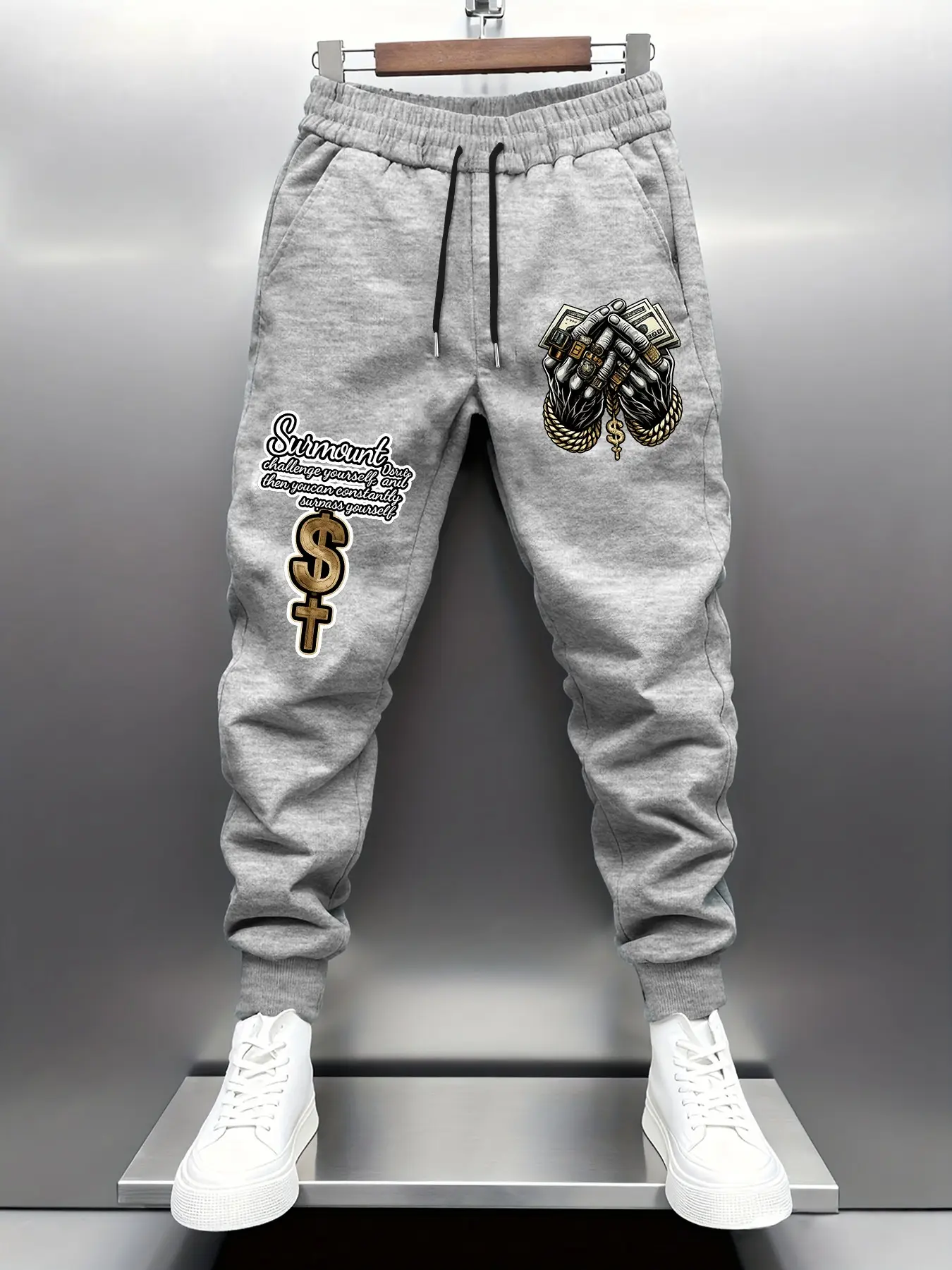 Money Theme Print Fleece Pants, American Hip-Hop Style Joggers, Urban Lifestyle, Casual Winter Wear, Geometric Pattern, Fitted Design