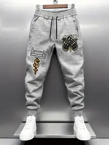 Money Theme Print Fleece Pants, American Hip-Hop Style Joggers, Urban Lifestyle, Casual Winter Wear, Geometric Pattern, Fitted Design