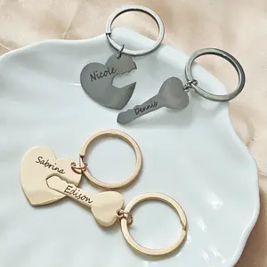 Customized Laser Name Keychain Set Gold Plated 18K Stainless Steel Keychain Set Valentine's Day Gift for Him and Her