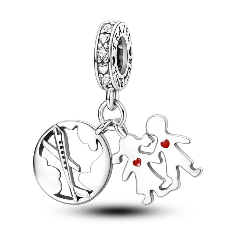 MULA Travel Adventure Beads 925 Sterling Silver, Platinum Plated, Inlaid with Zirconia, Fits Original Pandora Bracelets and Necklaces, Perfect DIY Jewelry for Women, Men and Teens - Explore the World Series