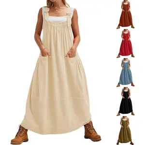 WoodBerry Women's Plus Size Barrel Midi Dress Sleeveless Strappy Maxi Dress with Big Pockets & Adjustable Straps for Summer Casual Wear Minimalist Dress