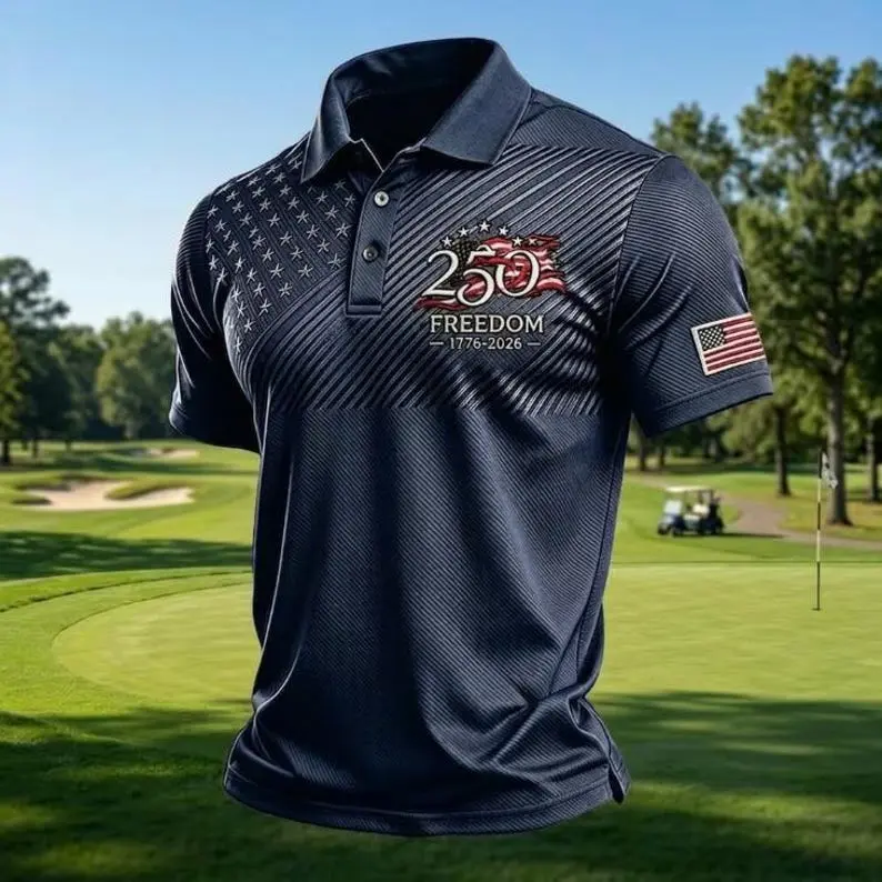 Patriotic Golf Polo Shirt Men, 250 Years Of Freedom Polo, American Flag Golf Shirt, USA Independence Day Apparel