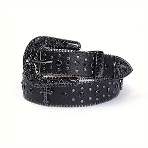 [rabbit] Fashion Western Cowboy 1pc Men's Rhinestone PU Leather Belt - Casual And Trendy For Jeans Pants Clothing - Christmas Gift tourism beach vacation  Chain Beads propeller  hat  Buckles