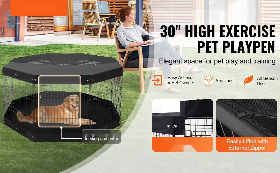 Dog Playpen 8 Panels Foldable Metal Exercise Pen With Pad Cover 30-Inch Height, Portable Indoor Outdoor Pet Enclosure, Easy Assembly Freestanding Modular Design For Training And Containment Of Medium To Large Dogs