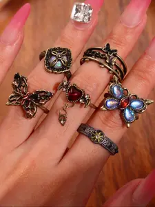 Vintage Gothic Butterfly Carved Ring Set, Statement Rings, 6 Piece Artificial Gemstone Jewelry Series, Unique Vintage Aged Unisex Accessory, Daily Wear, Statement Multi Ring