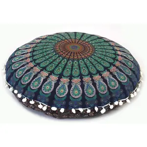 Large Hippie Floor Pillow Cover Mandala Meditation Cushion Case Round Bohemian Floor Pouf Cover Decor For Outdoor Fireplace Yoga Living Room 32" Blue
