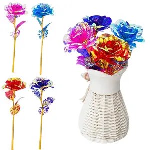 Glitter Flowers Foil Rose Flower Artificial Flower Golden Plated Galaxy Rose Gifts for Mother' s Day , 4 Packs Colorful Decor Decorative Fruit