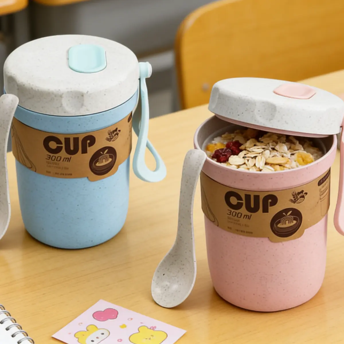 2PCS Non-Plastic Wheat Straw Soup Cups with Spoons, 300ml Disposable Tableware - Microwave-Safe, Lightweight, Leak-Resistant for Workdays, Outdoor Trips, Non-Plastic Cups
