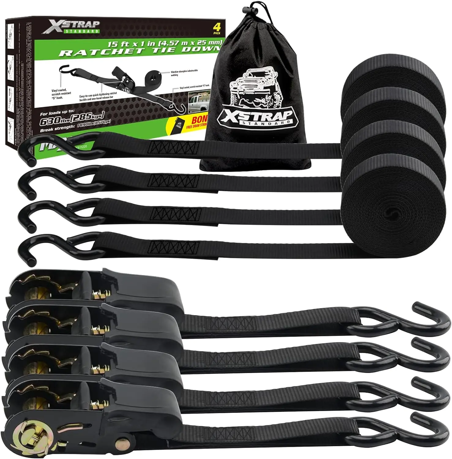 "LIMITED STOCK" atchet Tie Down Straps - 4 Pk - 1'' x 15 Ft - 630 Lbs Load Cap 1890 Lbs Break Strength, Cargo Straps for Moving Cargo, Appliances, Lawn Equipment, Motorcycle (Black)