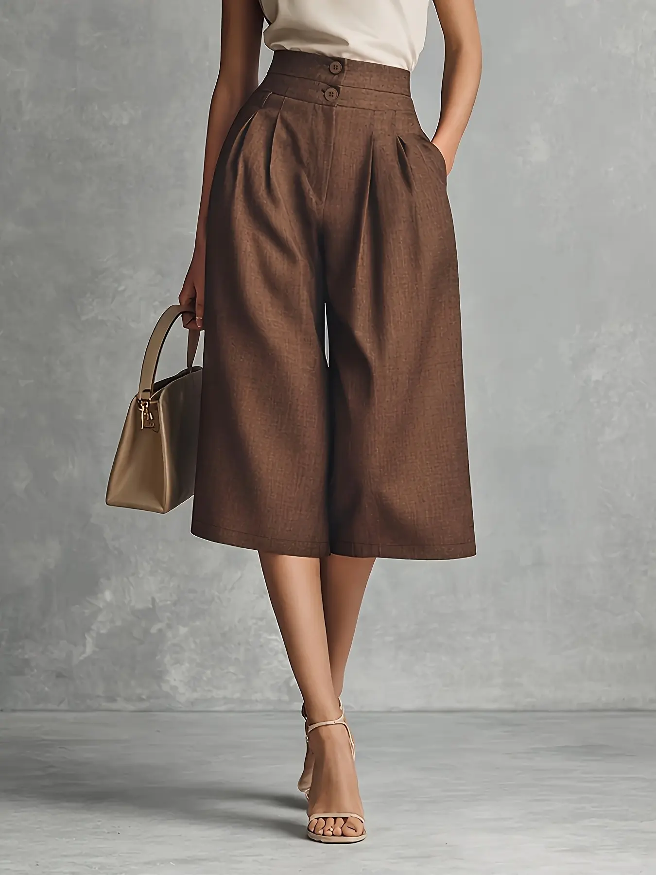 New American Style Spring Summer High Waist Pleated Wide Leg Basic Fit Pants, Vintage Casual Commuter Mid-Thigh Trousers for Women, Casual Summer Bottoms