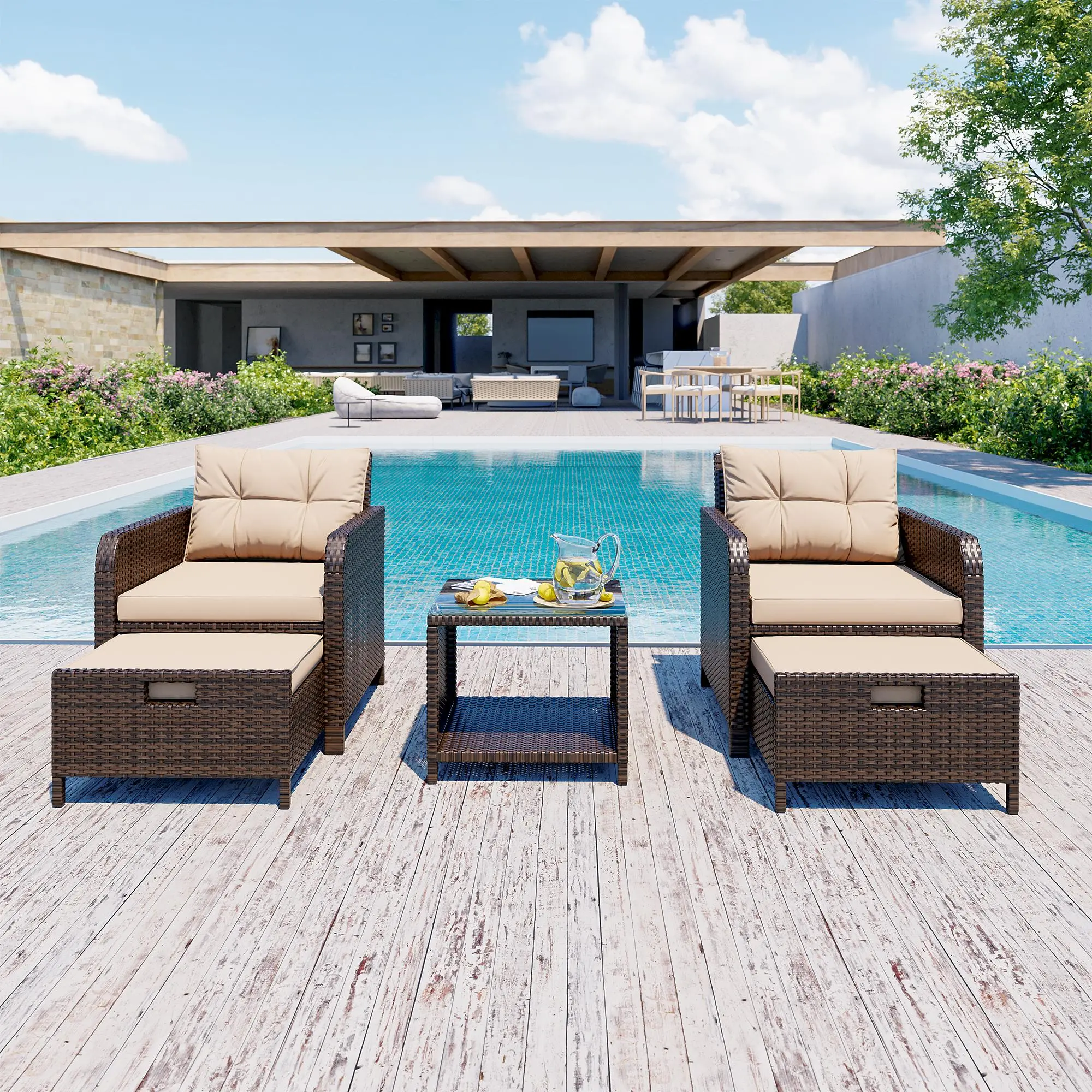 5 Piece Patio Furniture Sets, Outdoor Conversation Set for Porch, Lawn, PE Wicker Rattan Outdoor Lounge Chairs with Soft Cushions, 2 Ottoman & Glass Table Summervibes