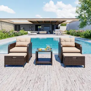 5 Piece Patio Furniture Sets, Outdoor Conversation Set for Porch, Lawn, PE Wicker Rattan Outdoor Lounge Chairs with Soft Cushions, 2 Ottoman & Glass Table Summervibes