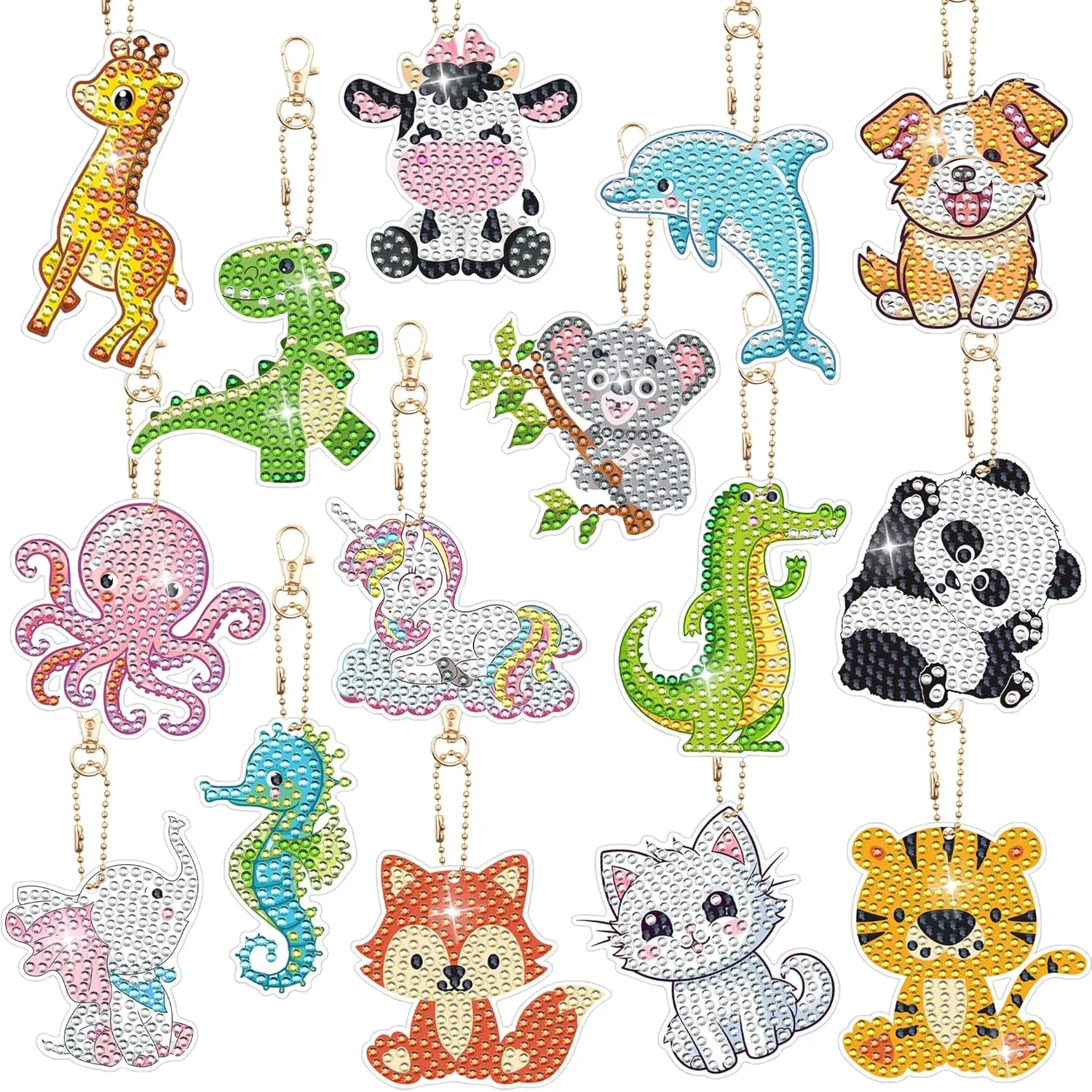 15 pieces, DIY diamond painting colorful keychain, 5D diamond painting colorful pendant, animals modeling diamond painting keychain pendant decorations, suitable for key rings, cell phone charms, bag decorations