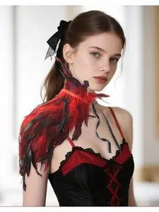 Atmosphere creator! Gothic-style feathered shawl with lace-up design, perfect for Halloween parties / ball performances / photoshoots—versatile dark feathered shoulder accessory.