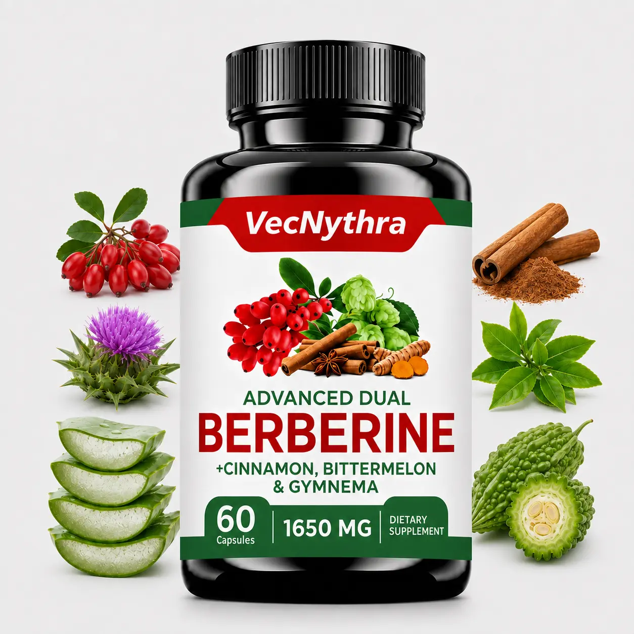VecNythra Berberine Capsules with Cinnamon, Milk Thistle, Green Tea & Zinc, Botanical Daily Wellness Supplement, 60 Count