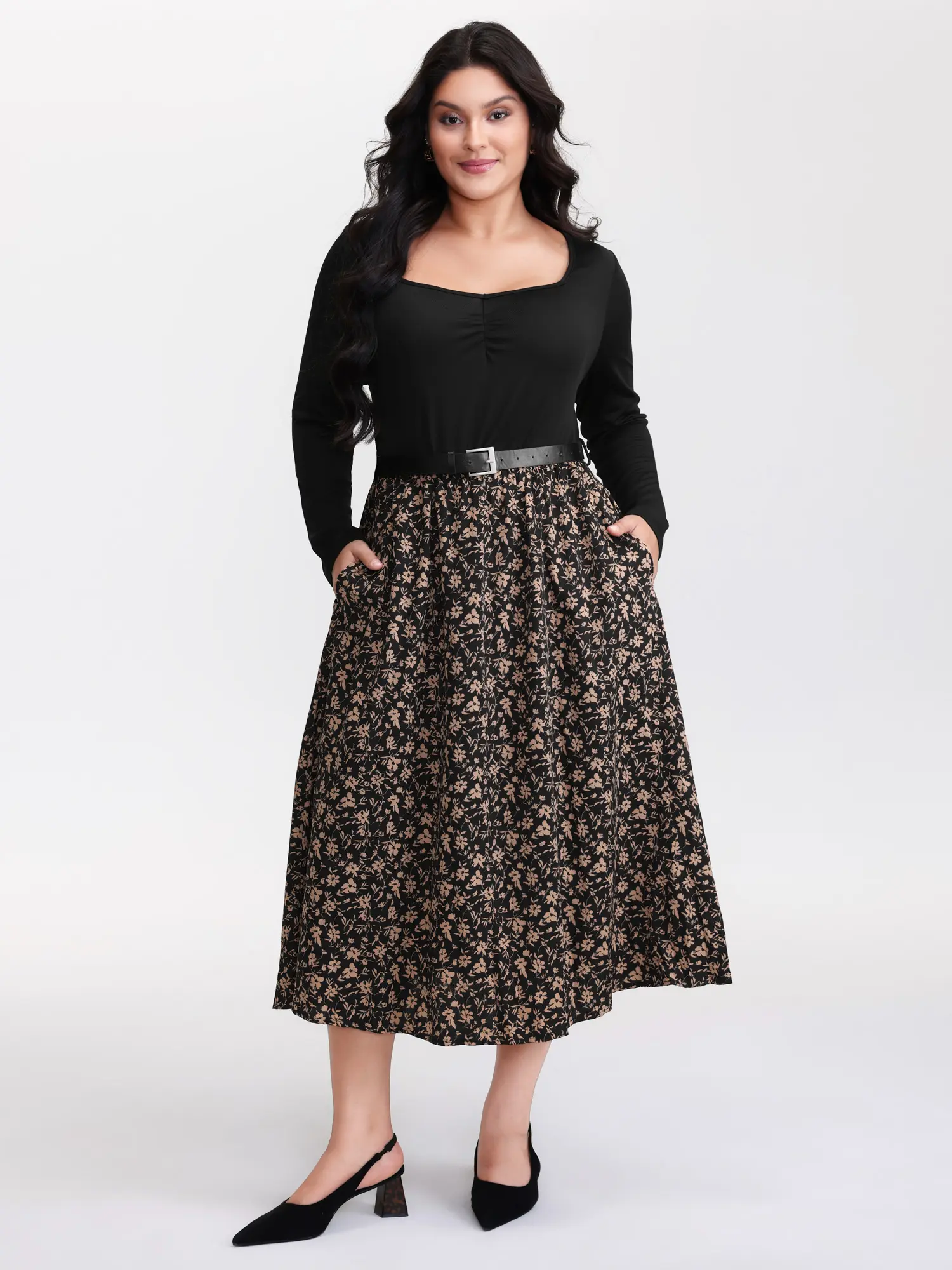 BloomChic Women's Plus Size Ditsy Floral V-Neck Midi Dress, Casual Long Sleeve Ruched Spandex Garment, Belted for a Smooth Slim Fit with Pockets, Casual Wear, Fabric, Lightweight, Women's Clothes, Low Iron, Stylish Women's Wear