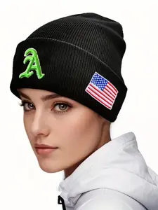 Unisex Acrylic Beanie with 3D Embroidery a & American Flag Design, Stretchy Fit, Breathable Knit Cap for Men Women, Winter Fashion Warm Hat