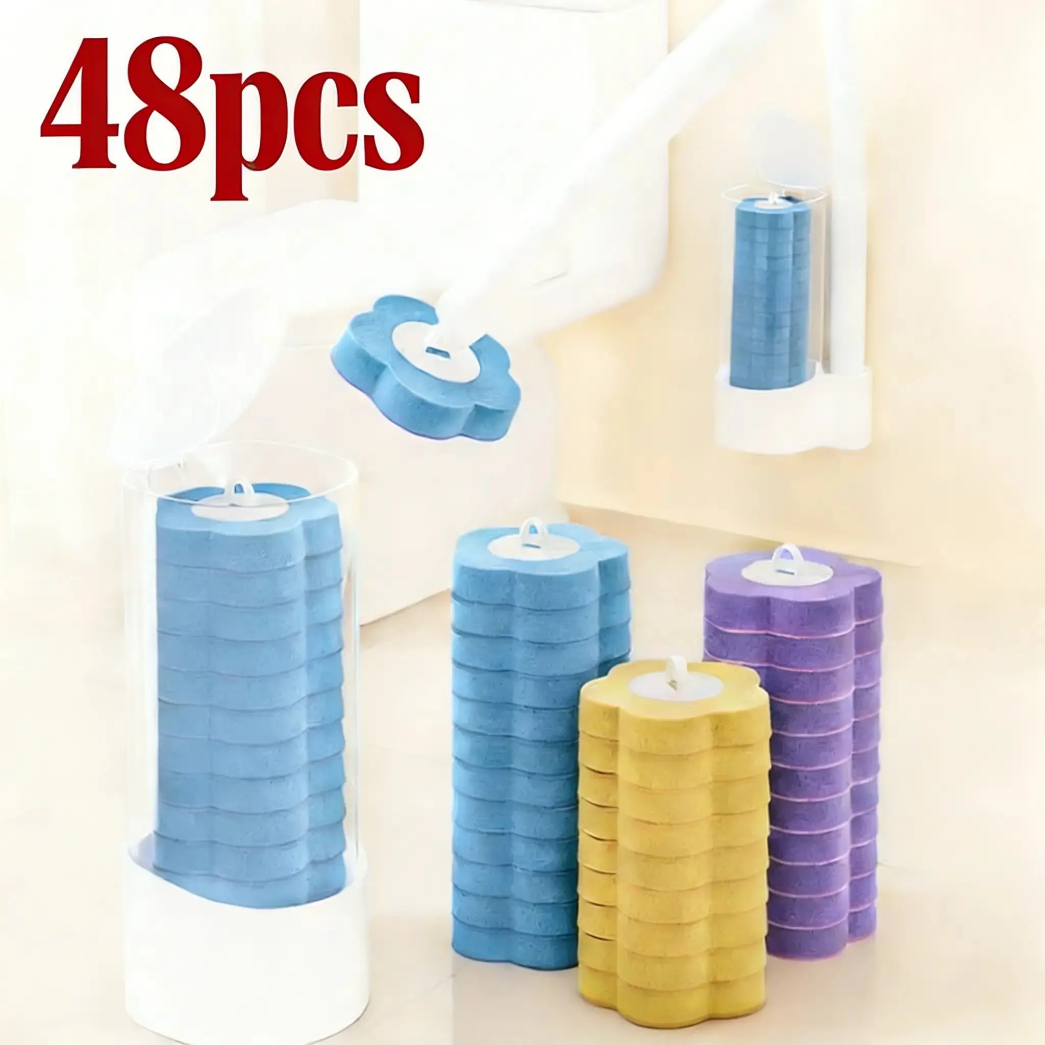 Disposable Toilet Brush Wand Set, Toilet Cleaning System with 48 Refill Heads, Triple‑Layer Soft Sponge, Rotatable Wall‑Mounted Holder, Deep‑Clean Bathroom Hygiene Tool