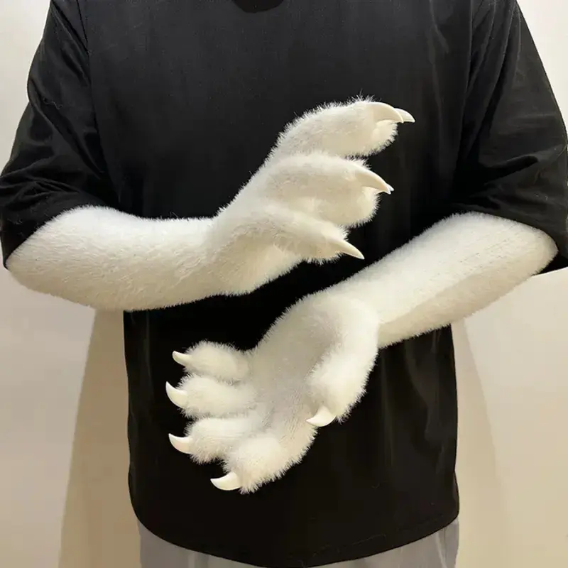 Black Plush Cosplay Gloves Featuring Fixed White Claws, No Built-in Paw Pads, Wearable Accessories for Fursuit, Cosplay Shows, Theatrical Performances and Holiday Costume Parties