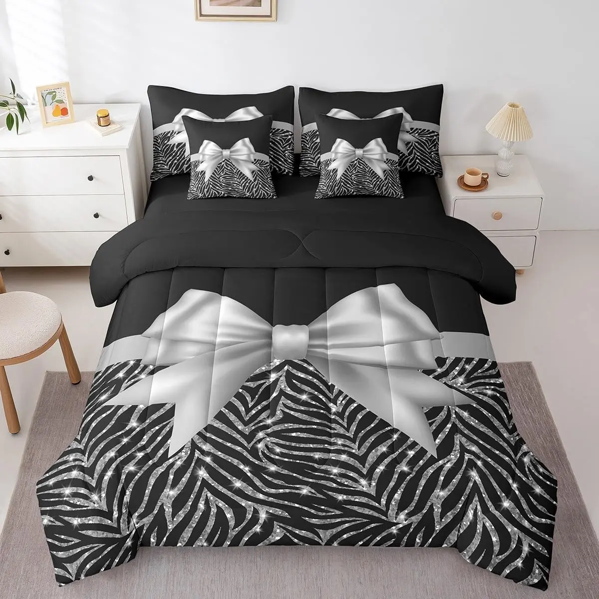 Feelyou 7-Piece Multi-Size Silver Bowknot Microfiber Bedding Set - Black and Silver Bed-in-a-Bag with Sheets for Girls, Bed Sets, Queen Comforter Set