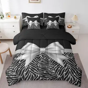 Silver Bowknot 7 Piece Bedding Set,Comforter Set with Sheets,for Girls Adult Cute Bowknot Bed in a Bag,Black Silver Bed Set