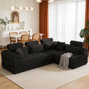 Niccae L shape Modular Sectional Sofa, Compressed Sectional Sofa Modern Minimalist Style Corduroy Couch,Unfold into a bed, Bedroom, Comfy Compressed Sofa Couch Space-Efficient Design(black)