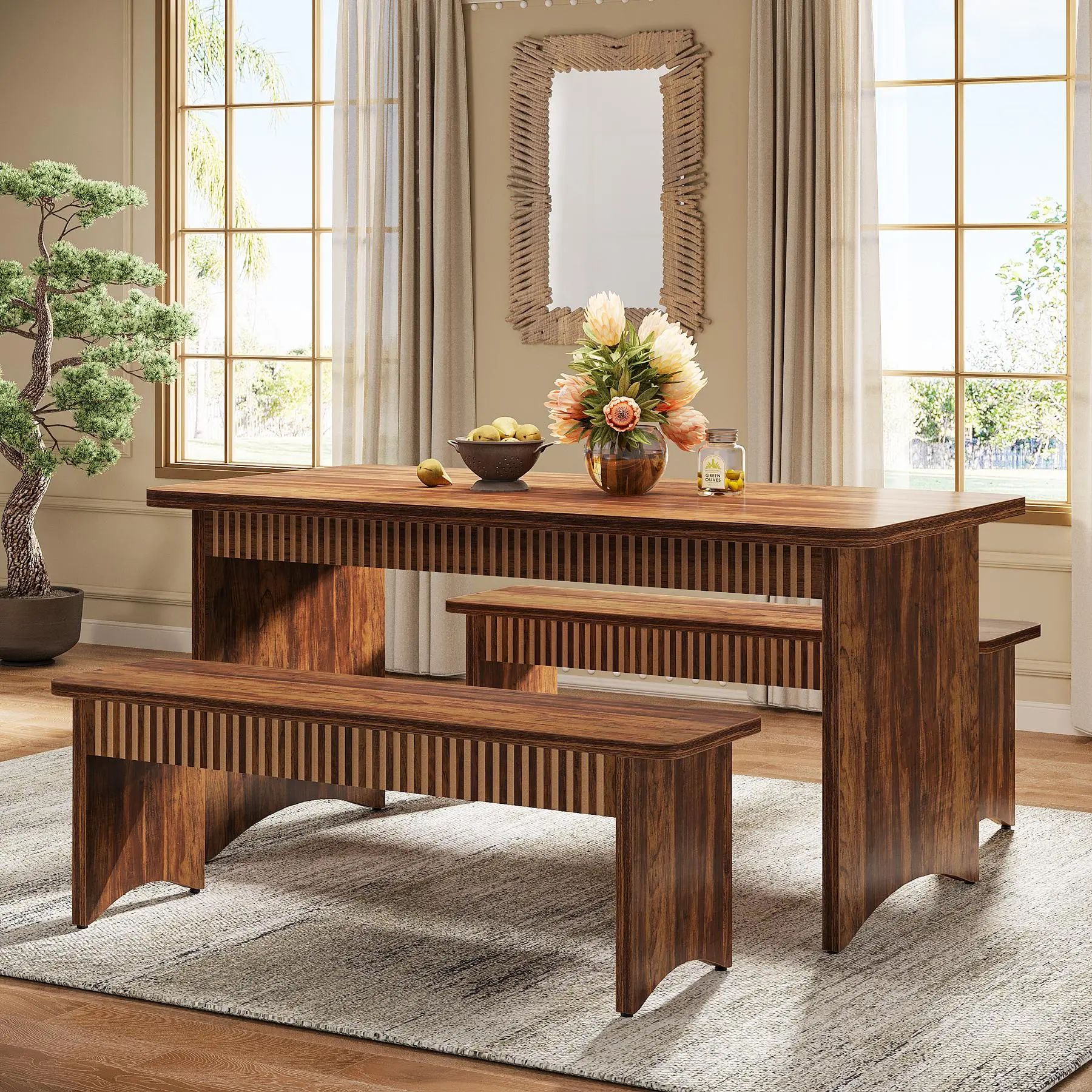 TRIBEWOOD 3-Piece Dining Table Set, 55" Dining Room Table with 2 Benches for 4-6 People, Kitchen, Dining Room, Rustic Brown