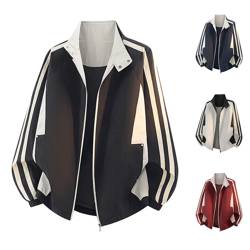 Men’s color-block striped zip-up track jacket, loose oversized stand-collar windbreaker coat, Y2K American street style retro varsity hip hop casual outerwear for daily sports, streetwear, and dating, fall/winter outfits, available in 4 colors