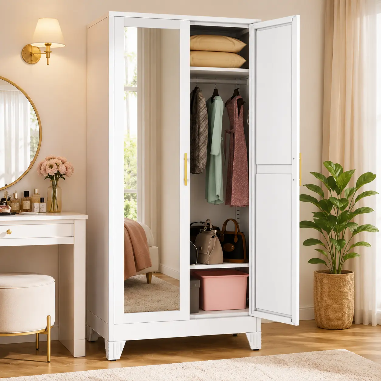 EROSOEI Industrial Modern 71" Height Steel Frame Wardrobe Closet Armoire, with Full-Length Mirror, Hanging Rod, Adjustable Shelves, Requires Assembly for Bedroom & Dressing Room