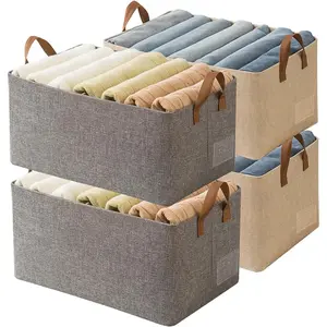 4 Pcs Closet Clothes Organizer with Handle, Closet Shelf Fabric Storage Box Steel Frame, Stackable Shelf Storage Baskets Foldable Wardrobe Storage Box for Clothes Toys, 23L (2 Gray 2 Beige)