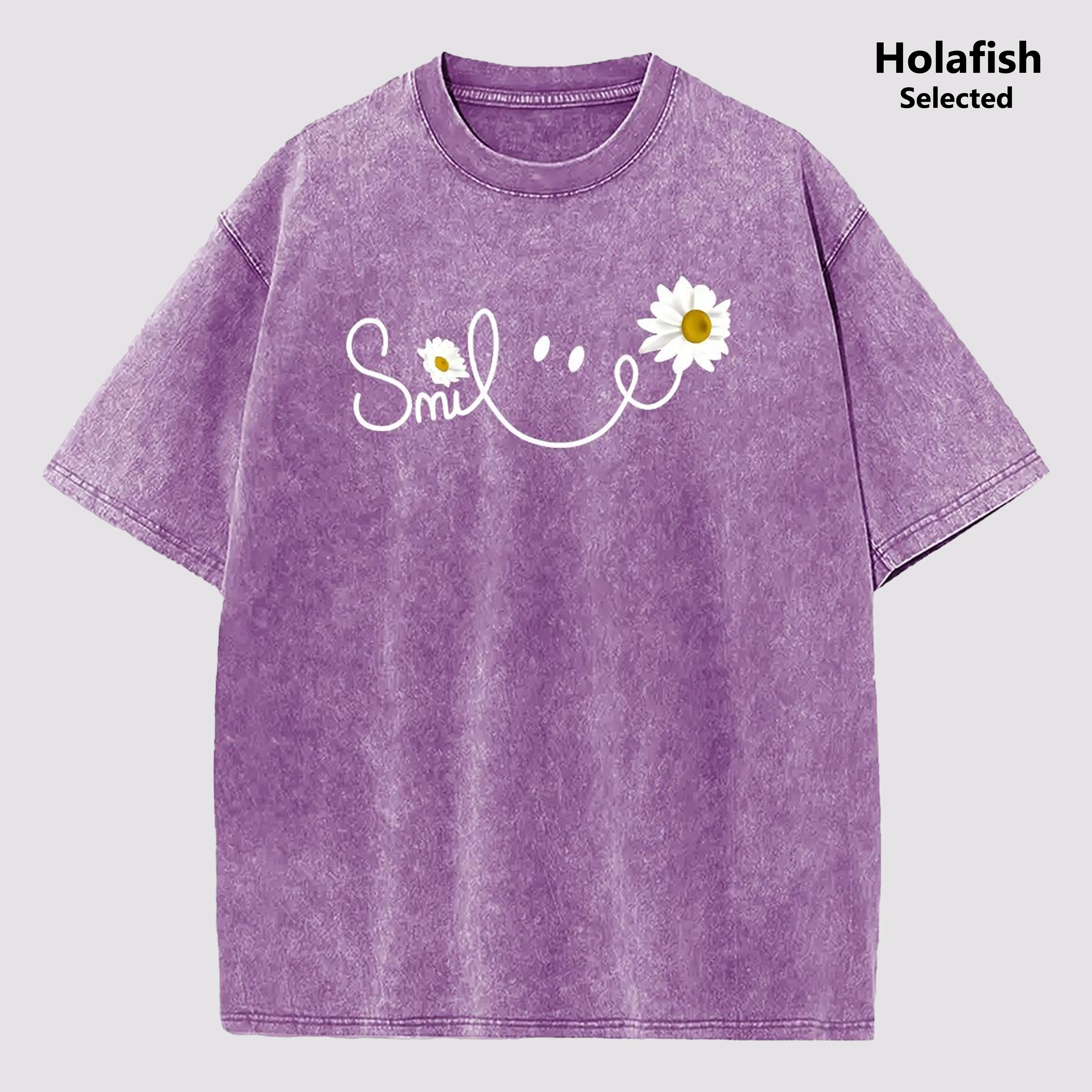 Holafish Women's Acid Wash Tee, Daisy Print on Soft Breathable Cotton, Unisex Drop Shoulder Loose Fit Casual Streetwear Top for Summer Vibes and Everyday Urban Style