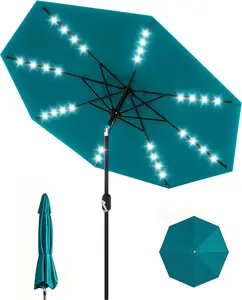GAOMON 9 ft Patio Umbrella with Solar Lights, Outdoor Table Umbrella with 32 LED Lights & Tilt Crank, 8 Ribs Market Umbrella for Pool, Deck, Backyard, Turquoise