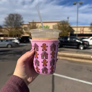 Pink Gingerbread Iced Drink Sleeve with Festive Gingerbread Man Design for Festive Beverages