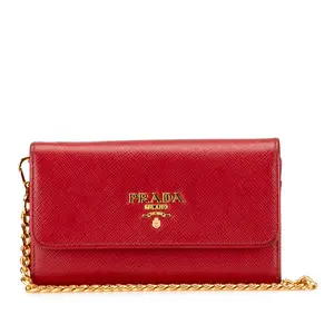 Pre-owned Leather Shoulder Bags Prada Saffiano Card Holder on Chain – Red Mini Crossbody Wallet Bag with Gold Hardware