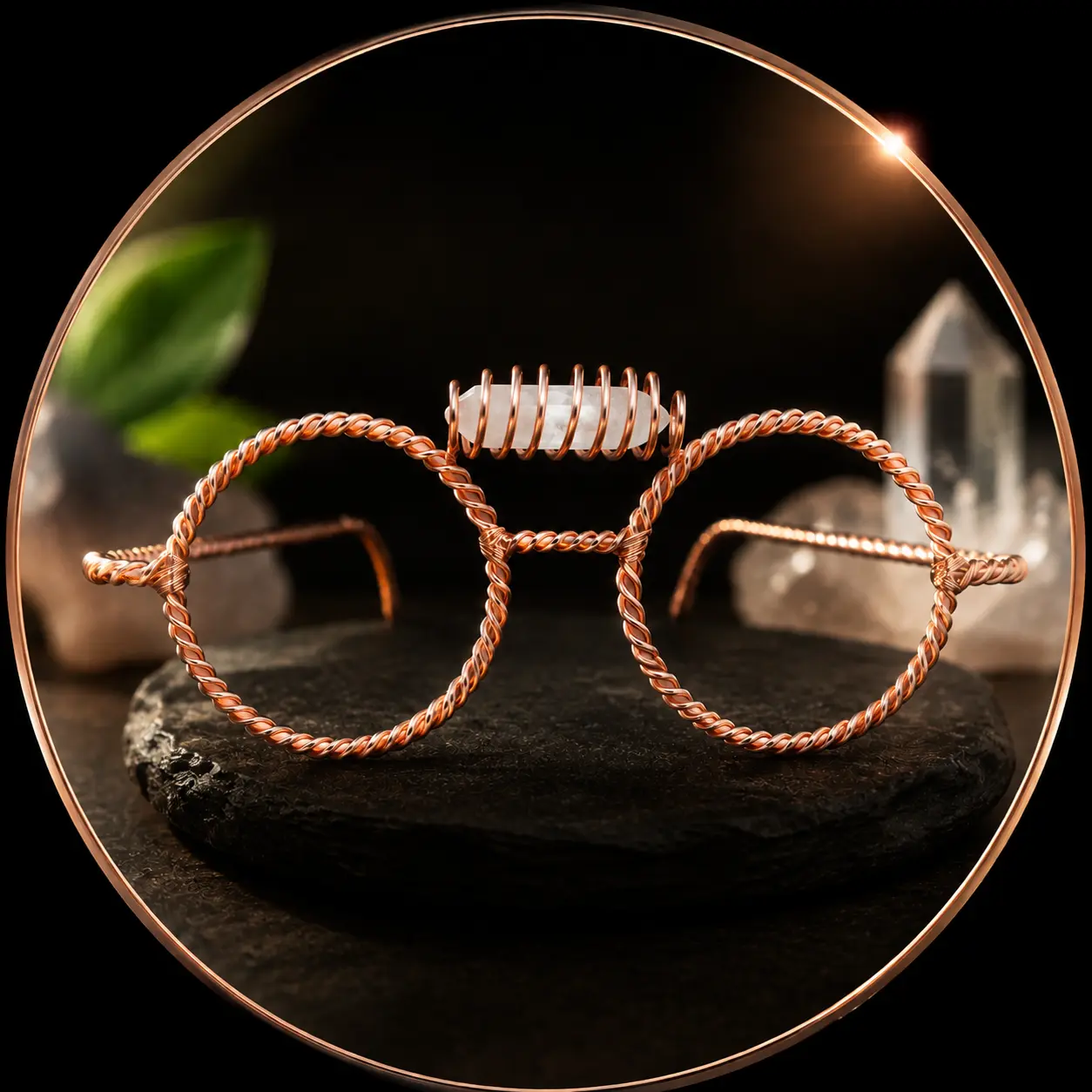 Handmade Copper Wire Wrapped Round Glasses, Clear Quartz Accent Womens Fashion Frames, Boho Vintage Eyewear Gift