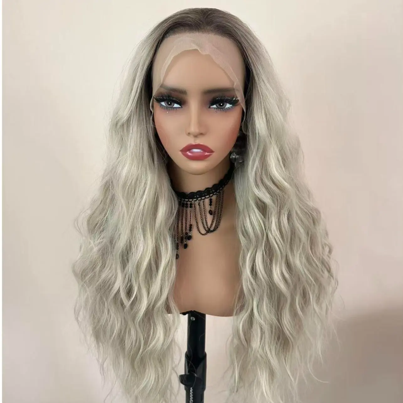 Ombre Ash Blonde Long Water Wave Lace Front Wigs for Women 26 Inch Heat Resistant Synthetic Hair Wig Natural Hairline Loose Curly Wavy Daily Party Cosplay Wig