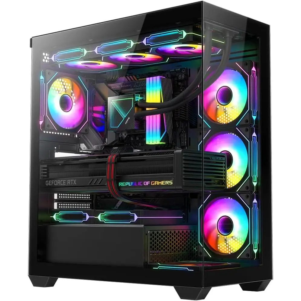 OV603 ATX Mid-Tower PC Case, Spacious High-Airflow Gaming Case with 4 x 120mm PWM ARGB Fans, USB 3.0 & Type-C Ports, Tempered Glass, Large Capacity Computer Case - Black