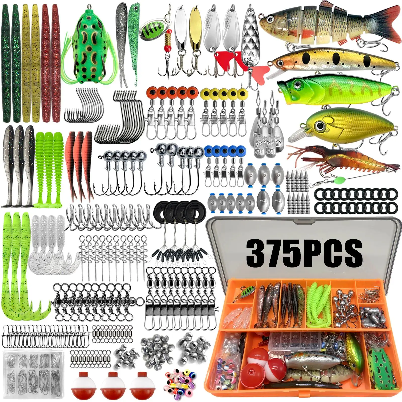 Artificial Fishing Lure Kit, 85/117/157/198/375pcs Fishing Lure Set, Fishing Accessories Including Spoon Lures, Soft Plastic Worms, Crankbait Jigs, Fi