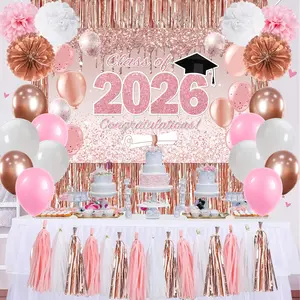 Pink Graduation Decorations Class of 2026, Rose Gold 2026 Graduation Party Decorations, Class of 2026 Paper Pompoms Paper Tassels Backdrop and Balloons for Class of 2026 Party Supplies ssailue decor