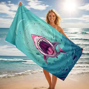 Quick-Dry Microfiber Beach Towel, Shark Wave Print, Perfect for Swimming, Camping, Travel, Modern Style