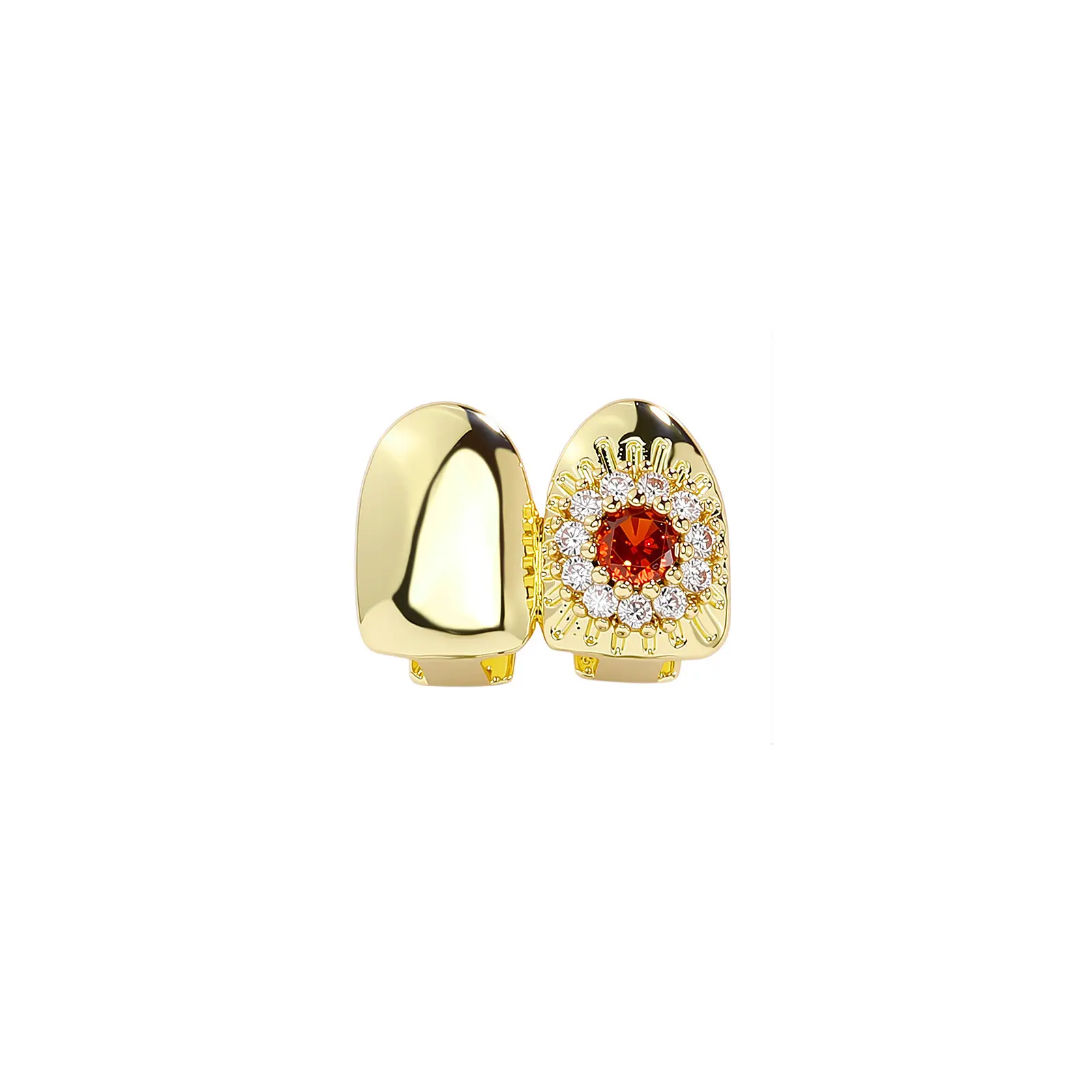 Unisex Hip-Hop Costume Jewelry Earrings - Shiny Silver Zircon Braces, Red Diamond Flower-Adorned Fashion Accessory